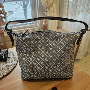 DOONEY & BOURKE Black Cream Logo Leather Canvas East West Shoulder Bag